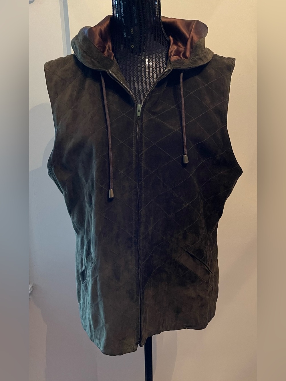 Danier Dark Green Suede Hooded Zip Vest Size Large - Picture 2 of 11
